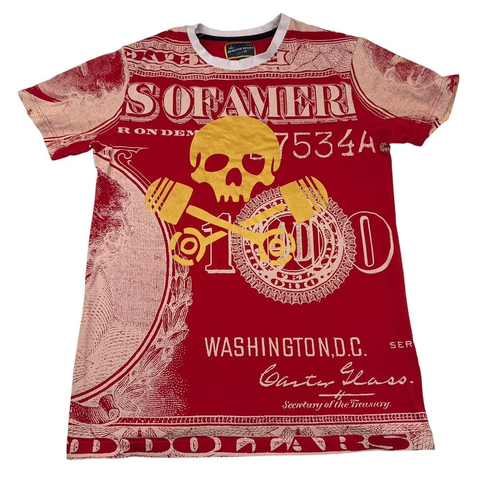 Bear The Beams Dollar Bill Skull Graphic Tee XL Red